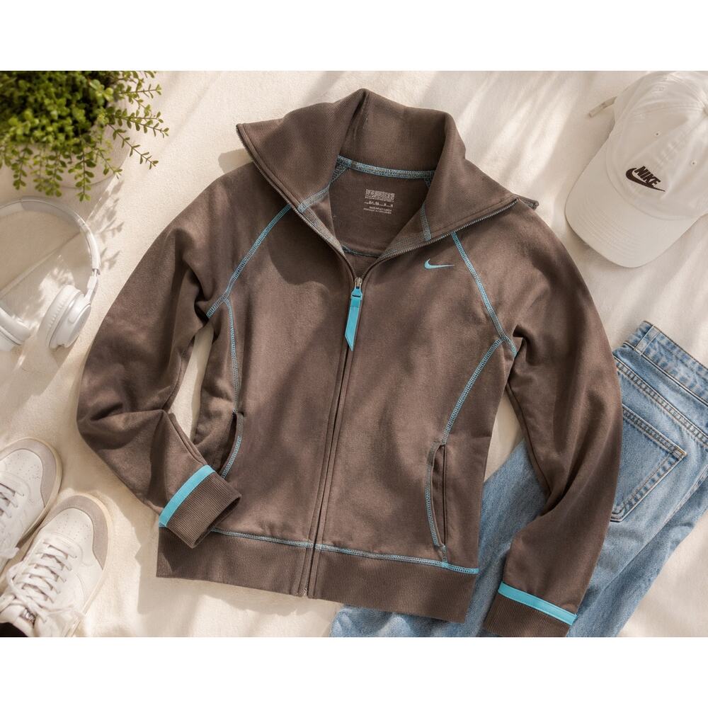 Nike Organic Cotton Zip Jacket Women M Brown Blue Contrast Stitch Y2K Athleisure